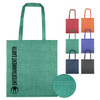 A green patterned non-woven bag with long handles and a logo, alongside various coloured bags in a grid layout.