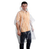 A clear plastic poncho worn by a man over an orange shirt, featuring a hood and a loose fit.