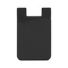 A black mobile phone wallet with a curved design and a slot for cards. It features a minimalist style and has a logo.