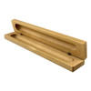 A wooden pen case in a light natural finish, featuring a sleek design with a hinge for easy access.
