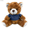 A plush teddy bear in brown with a navy blue shirt, featuring soft fur and a friendly appearance.