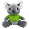 A grey koala plush toy wearing a bright green shirt, with large ears and a cute expression. It has branding on the shirt.
