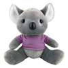 A grey koala plush toy wearing a purple shirt, featuring large ears and a friendly expression. It has a logo on its shirt.