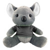 A grey koala plush toy wearing a black shirt, featuring large ears and a friendly face, with a logo on the shirt.