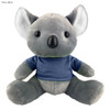 A grey koala plush toy wearing a navy blue shirt, with large ears and a round nose, featuring a logo on the shirt.
