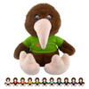 A brown kiwi plush toy with a long beak and wearing a green t-shirt, seated with colourful toy options below.