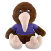 A brown plush kiwi toy with a large beak and a purple shirt, featuring a round body and pink feet.