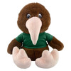 A brown Kiwi Plush toy with a green shirt, featuring a large pink beak and soft, oversized feet.