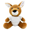 A brown kangaroo plush toy with a white shirt, featuring large ears and a friendly expression. It has a logo on its shirt.