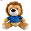 A plush lion toy in tan and brown, featuring a blue shirt and a smiling face, with a logo on the shirt.