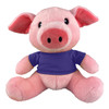 A pink pig plush toy wearing a purple shirt, featuring large ears and a friendly expression.