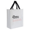 A white paper bag with black handles and a logo featuring four seated figures in a pink graphic.