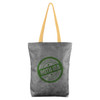 A grey Tyvek paper tote bag with a yellow handle and a circular logo.