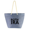 A blue kraft paper tote bag with rope handles featuring a logo.