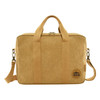 A tan kraft paper satchel with sturdy handles, a shoulder strap, and a logo.