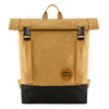 A tan kraft paper laptop backpack with black accents and a logo on the front. Features adjustable straps and a roll-top design.