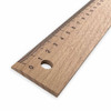 A wooden 20cm ruler with measurement markings in black and a hole for hanging, featuring a light wood finish.