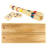 A wooden play set featuring colourful pick-up sticks, dominoes, and a wooden base. The wood is light and natural.