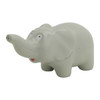A grey stress elephant with a smiling face, featuring rounded shapes and a playful design. It has a logo on it.