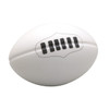 A white stress footy with black detailing and a logo on its surface, ideal for stress relief and fun.