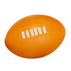 An orange stress ball shaped like a rugby ball, featuring a white logo on its surface.