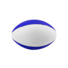 A stress football in blue and white, featuring a smooth surface and a rounded shape.