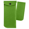 A green felt pouch with a snap closure and a separate flap. It features sewn edges and has a logo.