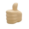 A beige stress toy shaped like a thumbs-up gesture with a smooth, ergonomic design. It features a logo on one side.