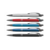 A set of five metal pens in silver, red, blue, and black, featuring a textured design and a logo.