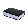 A black squishy book-shaped stress toy with a white interior, featuring a logo on the cover.