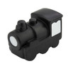 A black stress relief toy in the shape of a steam train, featuring wheels and a white window detailing.