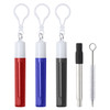 A set of retractable metal straws in red, blue, and black with a cleaning brush and keychain attachments.