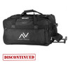 A black rolling duffle bag with wheels, featuring multiple compartments and a logo on the side.