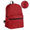 A red backpack featuring a front zip pocket and a textured fabric. It has adjustable straps and a logo.