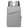 A grey laptop backpack featuring a zippered front pocket and adjustable straps, with a logo present.