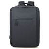 A dark grey backpack featuring a front pocket and dual shoulder straps. It has a streamlined design and a top handle.