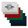 A set of cotton tea towels in various colours: white, beige, red, green, and navy, with a graphic design.