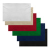 A set of cotton tea towels in white, beige, red, green, navy, and black, featuring a logo.