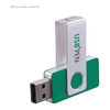 A green and white USB flash drive with a metal clip, featuring a logo and 32GB storage capacity.