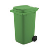 A green wheelie bin pen holder with a lid and a black wheel, designed for office use.