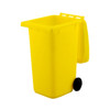 A yellow wheelie bin pen holder featuring a black wheel and a hinged lid. It has a simple, sleek design.