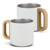 A drink bottle set featuring white stainless steel mugs with wooden handles. Both mugs have a sleek design.