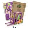 A wooden model of a forklift in purple and orange, accompanied by puzzle pieces and assembly instructions.