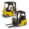 A wooden model of a forklift in yellow and natural wood, featuring detailed design and wheels.