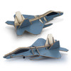 A detailed wooden model of a jet fighter in shades of blue and natural wood, featuring a simple design.