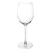 A clear, elegant wine glass standing on a smooth base, designed for serving wine. Features a simple logo.