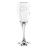 A clear glass champagne flute with a slender stem and a logo on the surface. Holds 170ml.