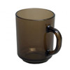 A glass mug in a smoky brown colour, featuring a sturdy handle and a smooth finish. It also has a logo.