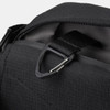 A close-up of a black sling bag featuring a sturdy zip and metal clip for attachment.