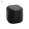 A black lip balm cube in a smooth, rounded square container with a lid. Features a branding logo.